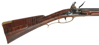 Colonial Longrifle,
.50 caliber,  43-1/2" swamped barrel, 
round faced flintlock, curly maple, brass, used